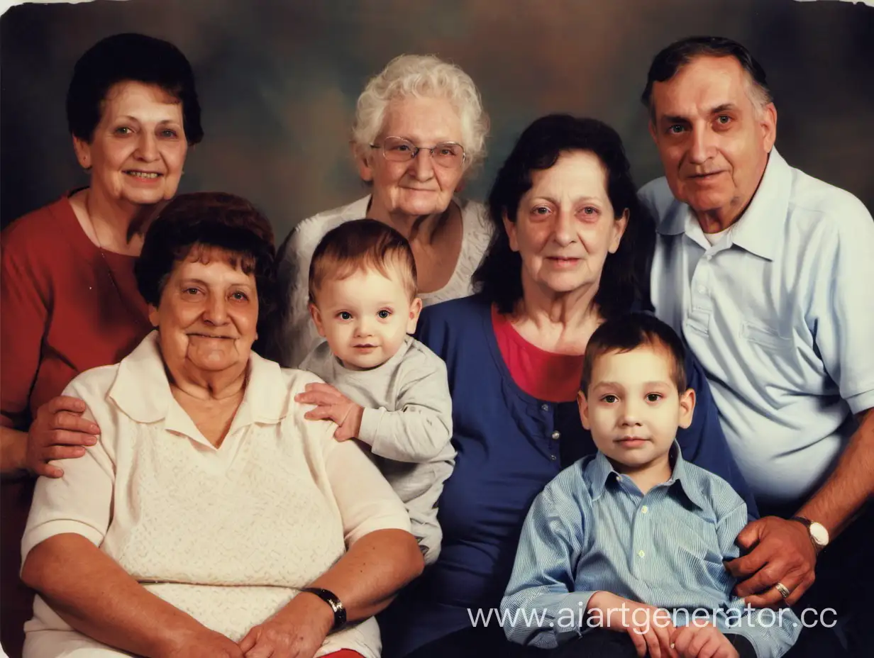 папа, мама, две бабушки, старший брат, племянник Рома, я, молодые.