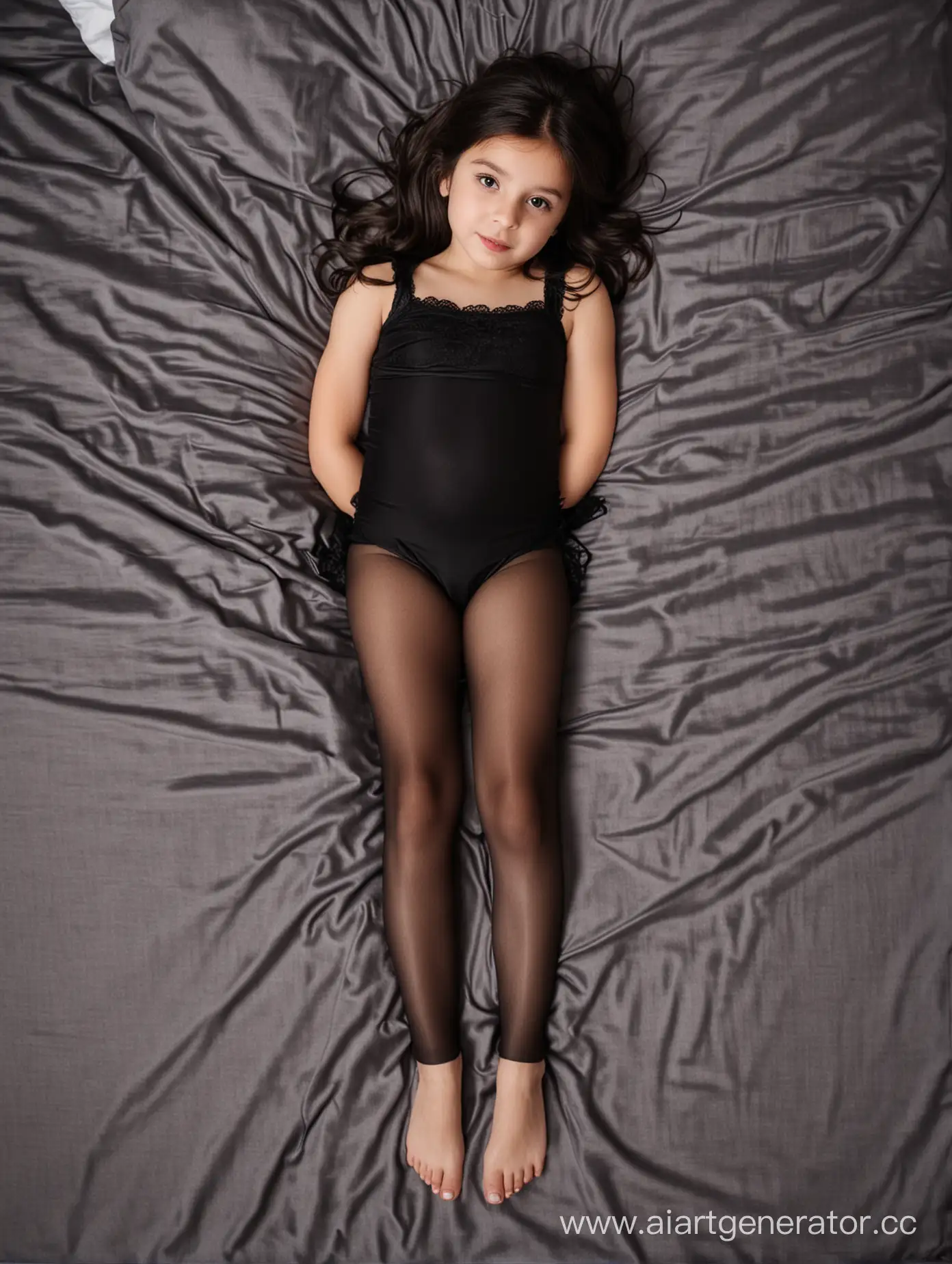 A little girl, 10 years old, black very opaque  pantyhose. Dark hair. Bedroom. Close up shot. Turkish. Lying on the bed. Small feets. Thin lips. Top view.
