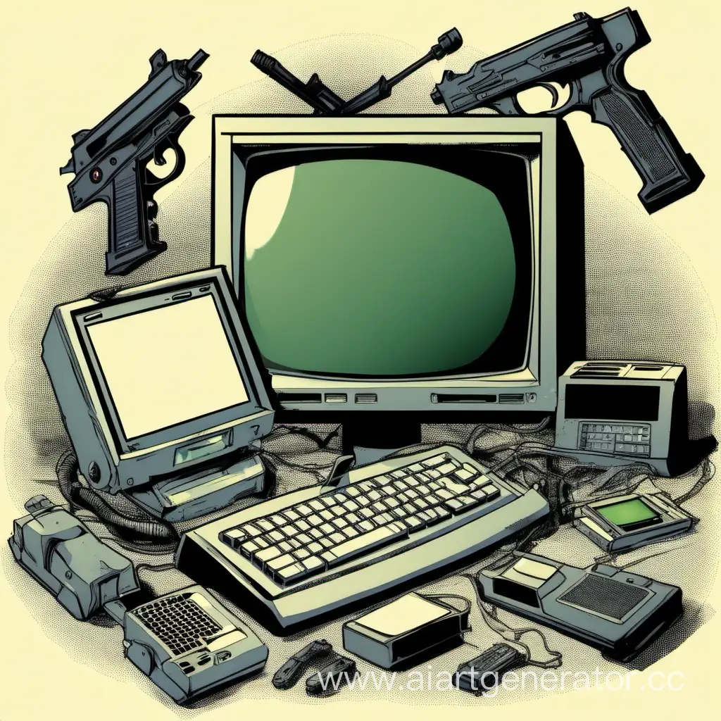 Digital-Battle-Internet-Pistol-Monitor-Axe-Floppy-Disk-Nunchucks-Scanner-Machine-Gun