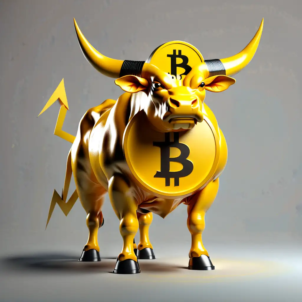 Yellow Bull Sculpture with Bitcoin Symbol