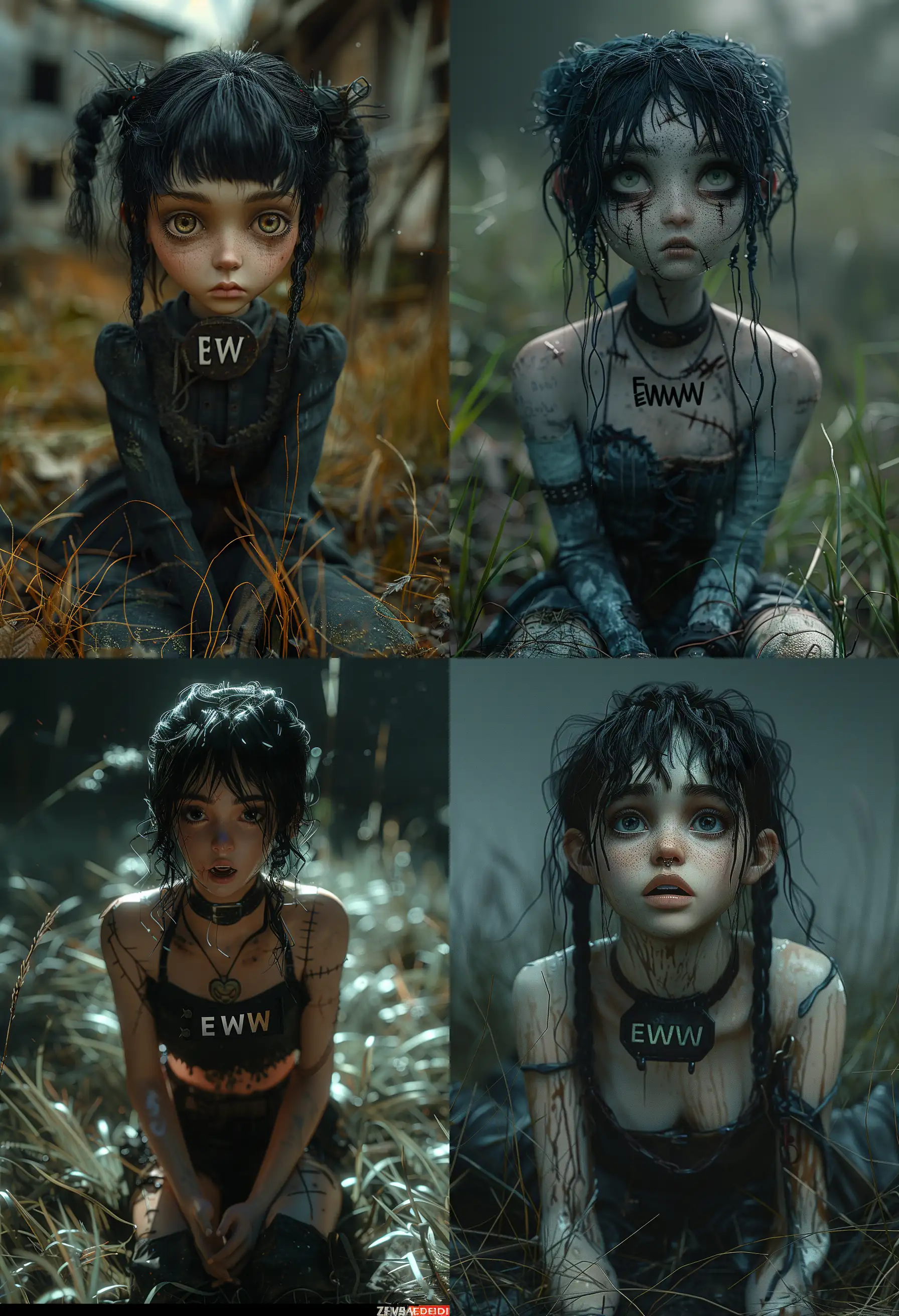 A anime character in the style of Tim Burton,  mit einem halsband mit der inschrift "EWW", ultra realistic,  kneeling in the grass, unheimliche atmosphere, dark fairytale,  unreal engine 5, fantasy style 8 k octane renderhigh quality CGI VFX fine art, ZBrush HDR | color grading | dark shadows | ambient occlusion | high resolution | intricate | hyperrealistic textures --s 750 --ar 28:41