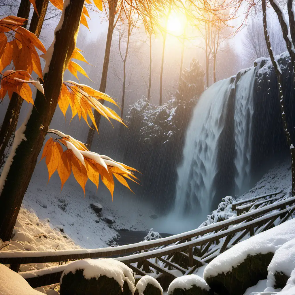 Picturesque Autumn Forest Waterfall in the Snowy Sun and Strong Rain