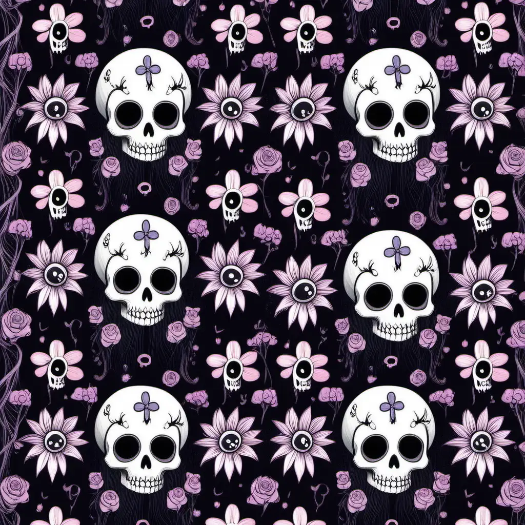 a goth spring repeating pattern.  Use flowers, cute  cartoon skulls, 