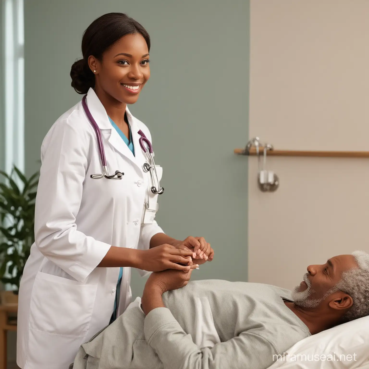 provide a serene and luxurious locale of a black doctor providing an home care services to people