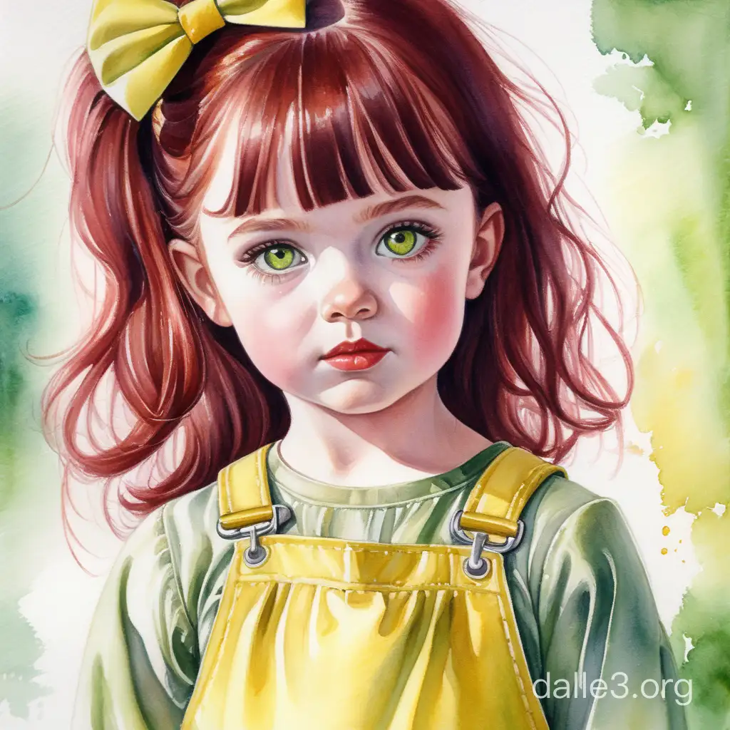 Portrait of a cute girl, 5-6 years, dark red hair, large yellow-green eyes, Plump lips in a bow, light yellow jumpsuit, realism, watercolor, 4k, High detail