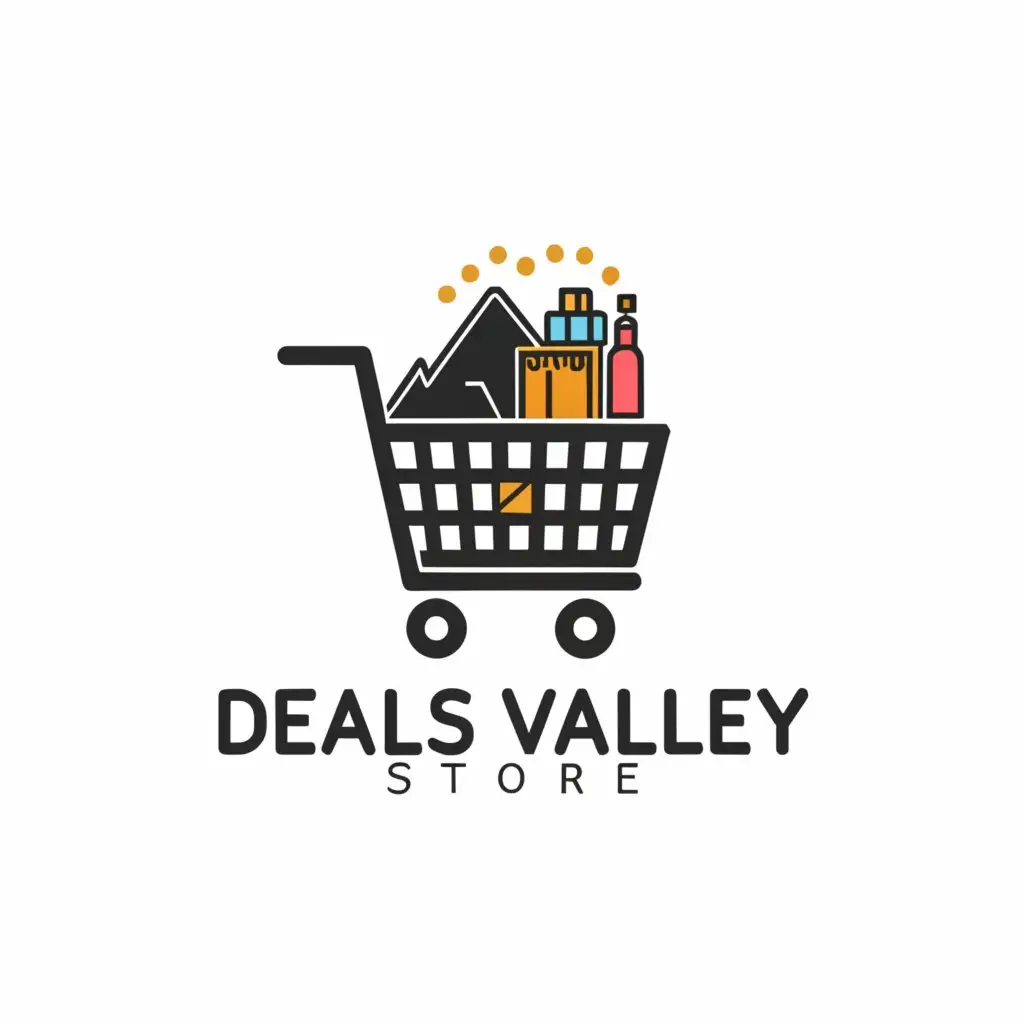 a logo design,with the text "Deals Valley Store", main symbol:shopping trolley , mountain,Moderate,clear background