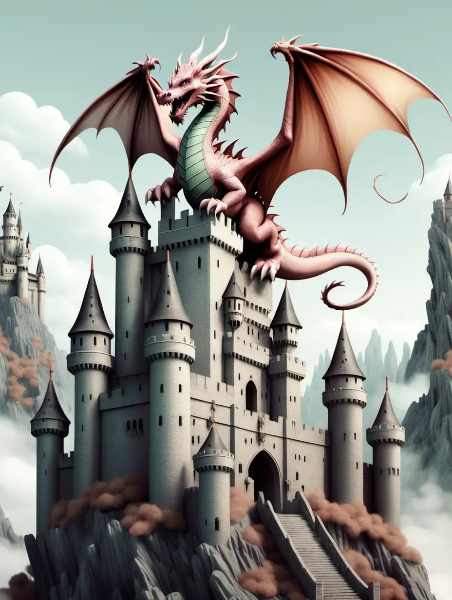 illustrations, soft color, dragon on  castle, high detail, no shading