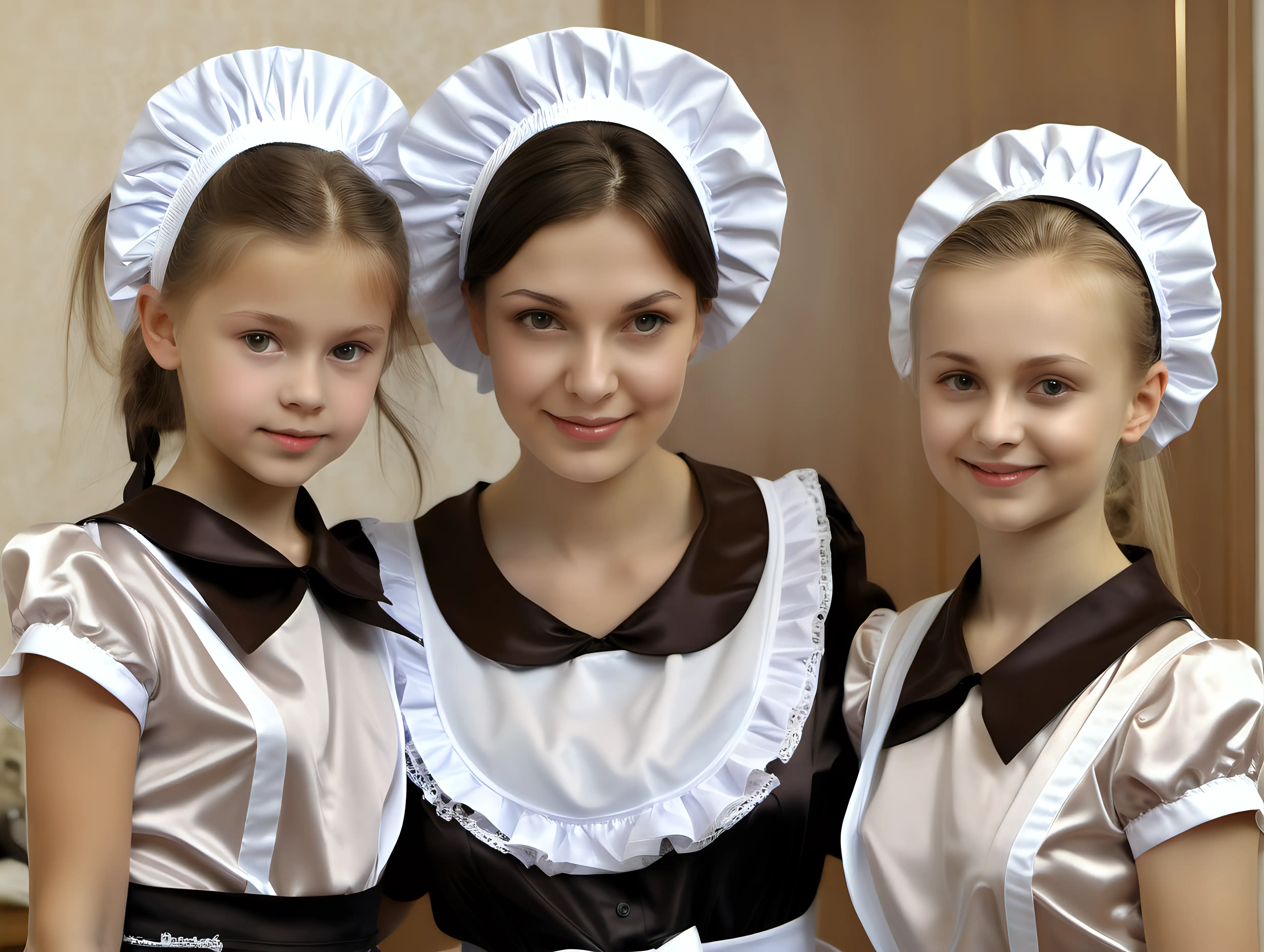 russian girl in satin maid uniforms and mothers