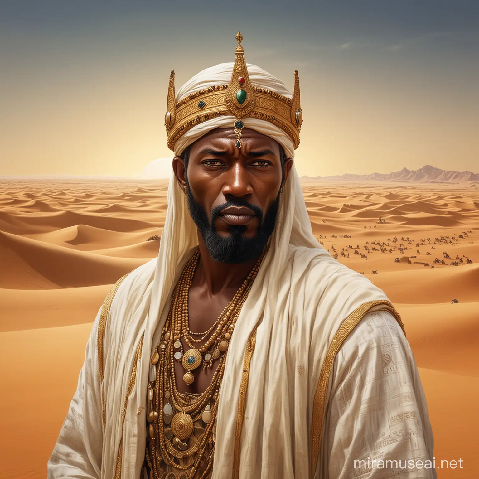 Create an image of Mansa Musa, the wealthy 14th-century ruler of the Mali Empire, depicted with a resolute and determined expression. He should be portrayed looking towards the horizon, symbolizing his vision and ambition. Mansa Musa should be adorned in royal attire, featuring rich and elaborate African patterns, with gold jewelry that reflects his immense wealth. The background should hint at the Saharan landscape, blending historical accuracy with a touch of artistic interpretation. The overall tone of the image should convey a sense of majesty, leadership, and the pioneering spirit of one of history's most remarkable journeys.