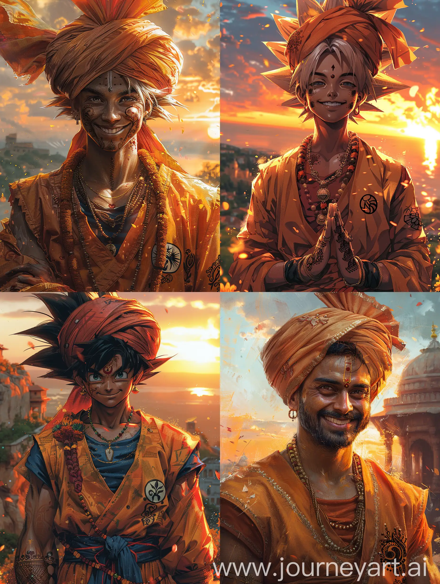  Portrait of Goku reimagined as an Indian, traditional turban and kurta, warm smile, intricate henna patterns on his hands, rich and vibrant colors typical of Indian art, saffron and marigold tones, sunset in the background, festive atmosphere --ar 3:4 --s 700 --v 6