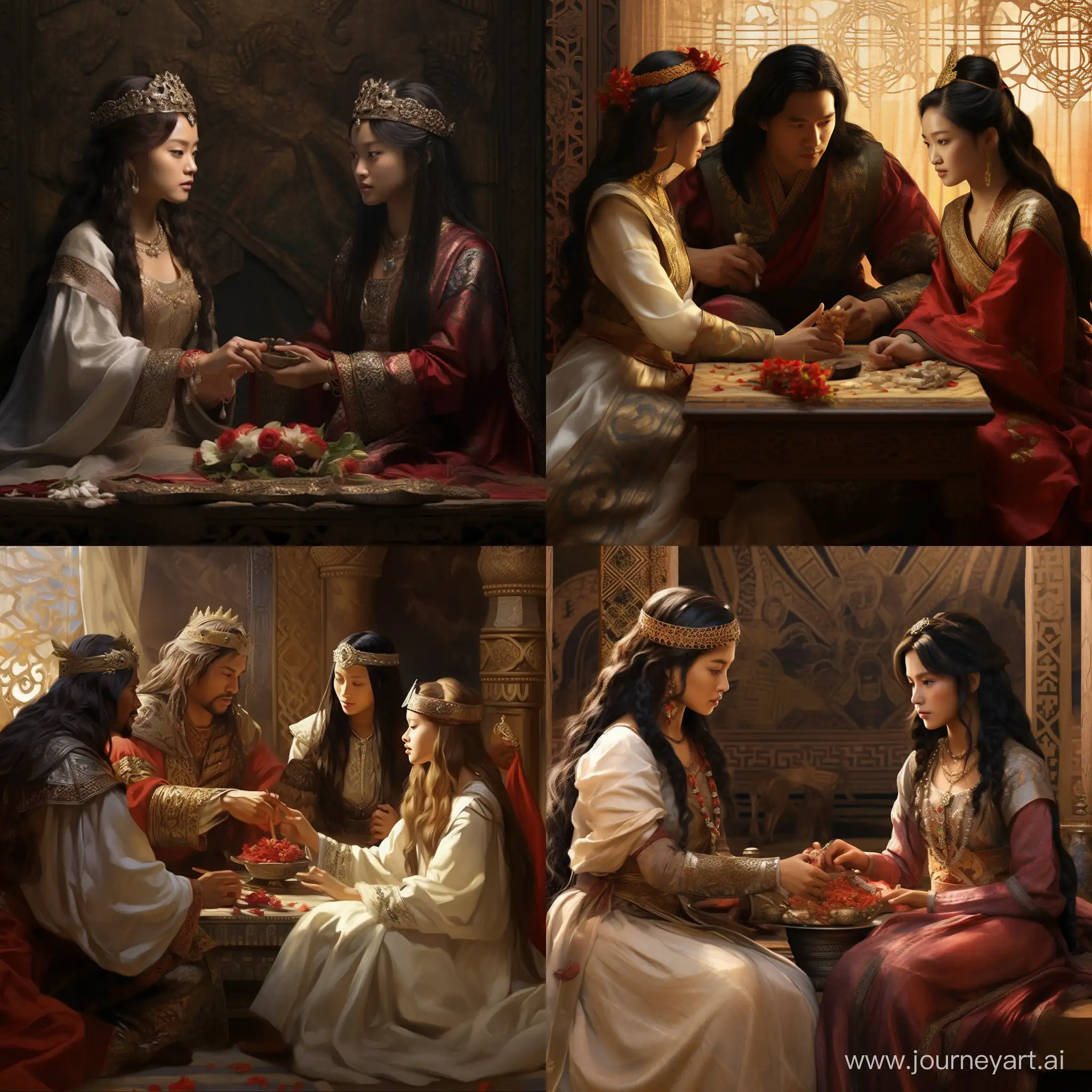 Genghis Khan's daughters negotiating marriage alliances with kings.Hyper realistic