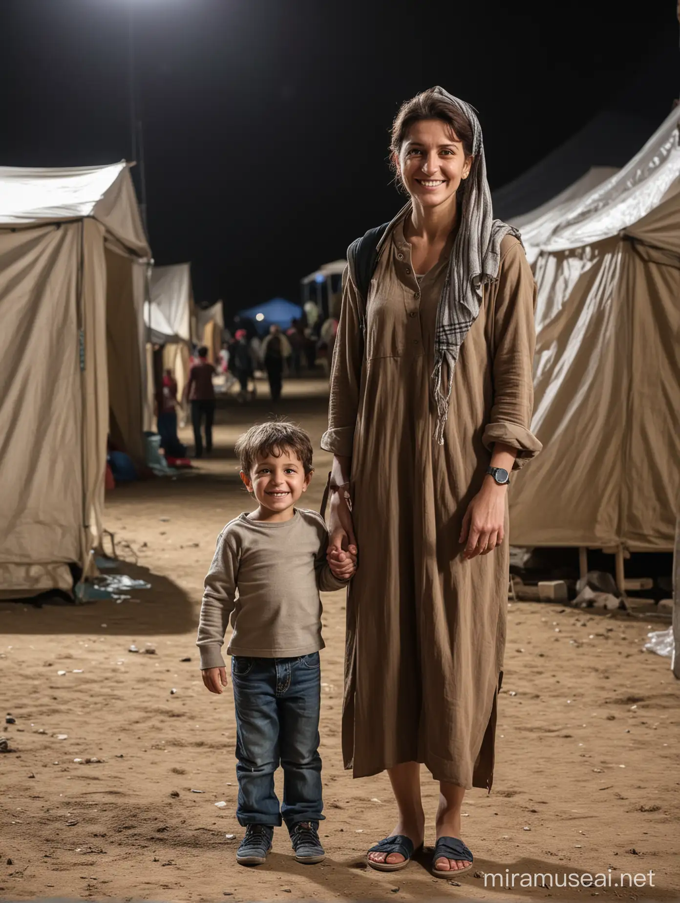Mulher e menino 5 anos, num palco de teatro, a olhar em frente, corpo inteiro, com um sorriso, cena campo de refugiados com tendas.