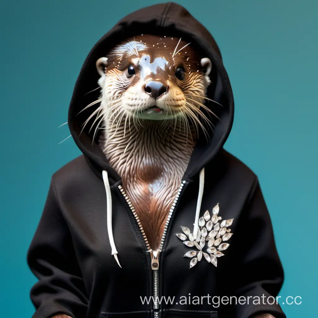 Stylish-Female-Otter-in-Black-Rhinestone-Zip-Hoodie