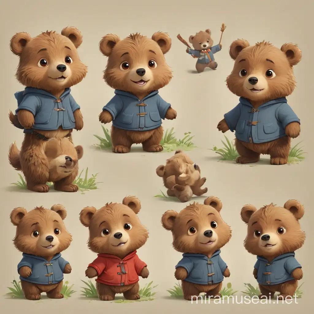 Adorable Little Bear in Various Poses Childrens Book Style
