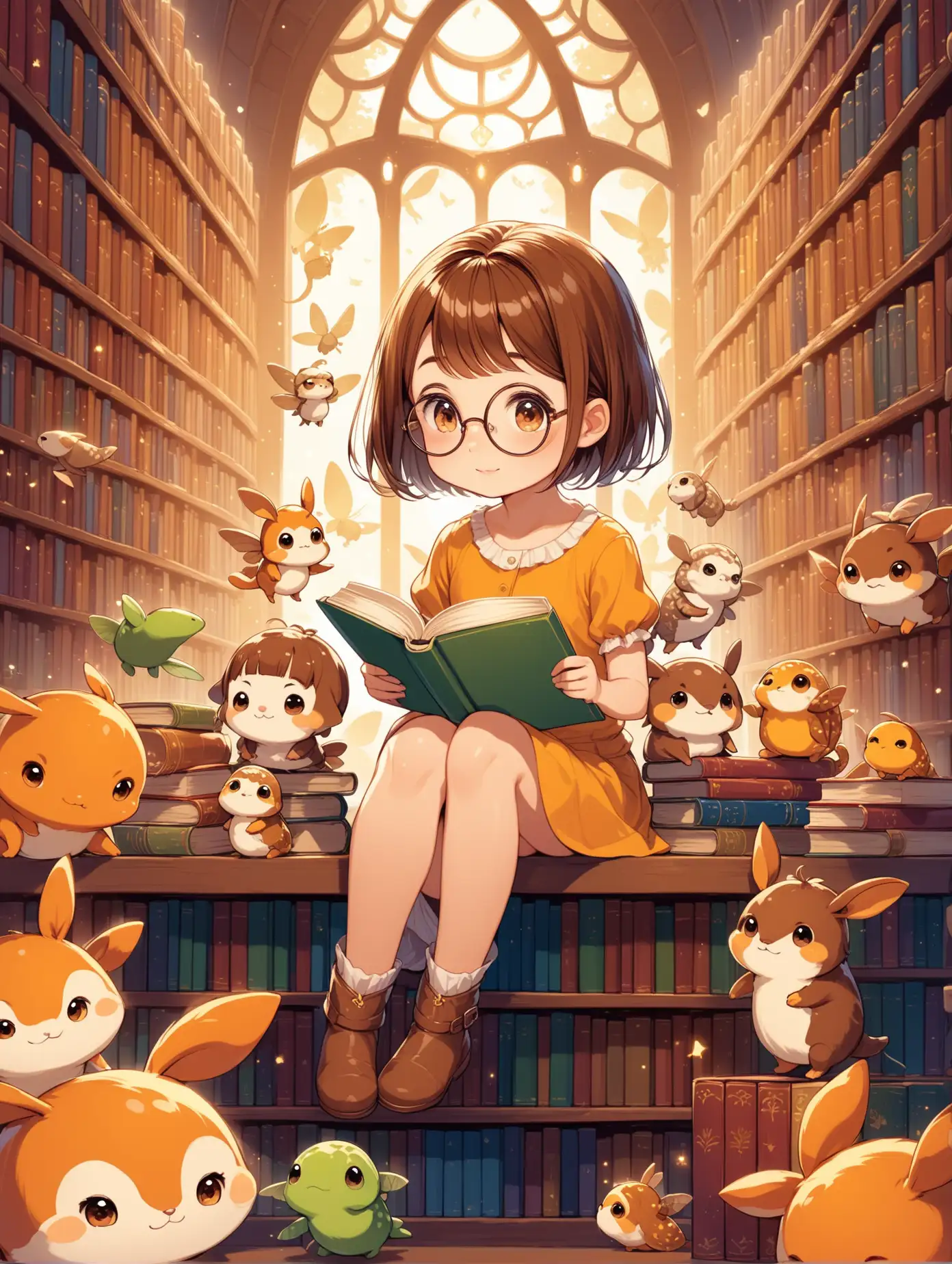 a cute little cartoon girl wearing big round glasses, brown pixie short  hair, surrounded by little diferent creatures, reading a book, and sitting on different books in a fantasy library