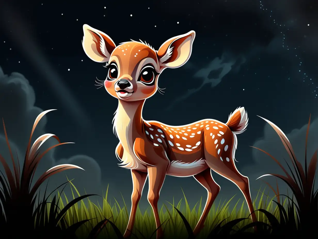 illustration baby deer standing in the grass looking up into the dark sky excited