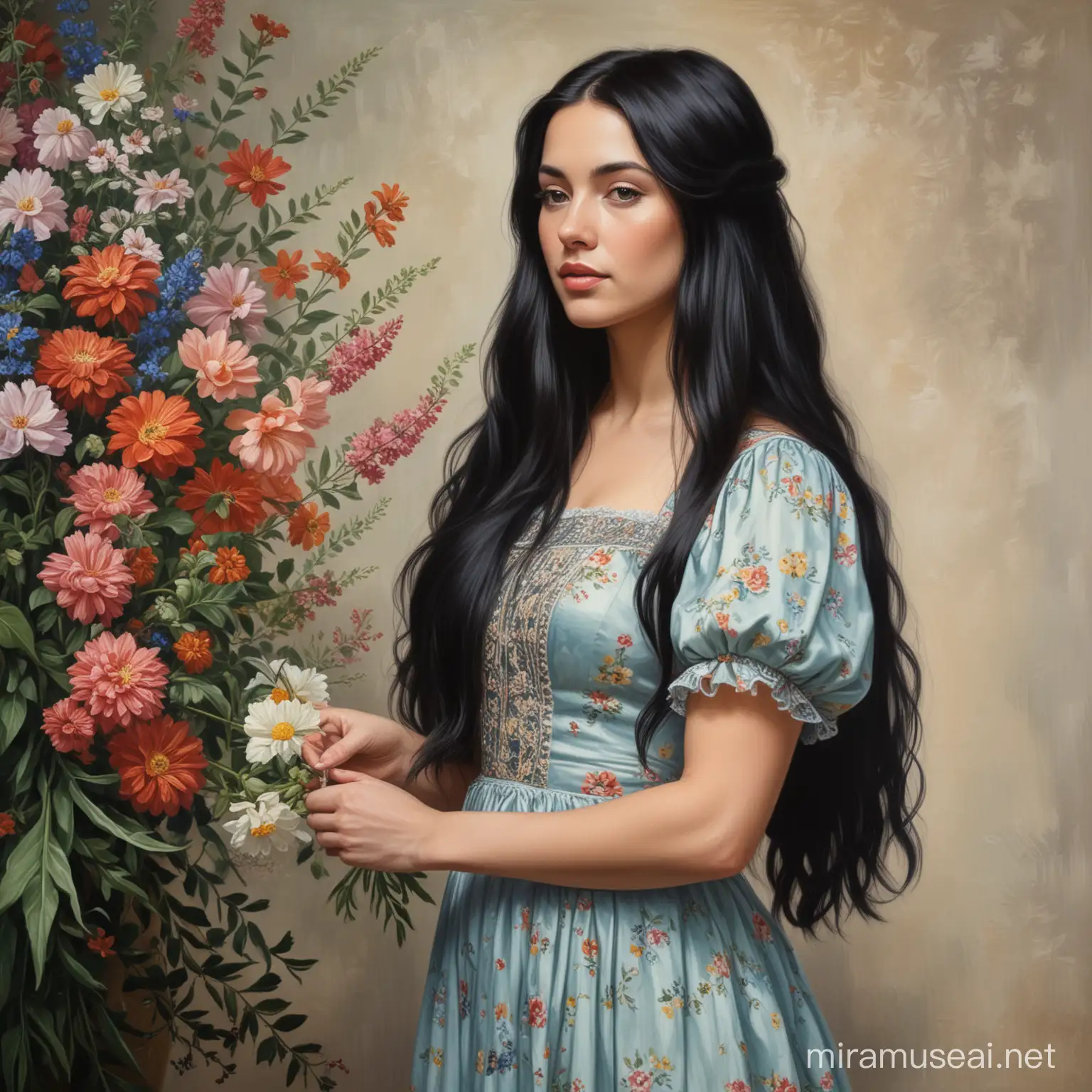 Oil Painting of a women with long black
 hair in a vintage dress looking to the side with flowers in her hand