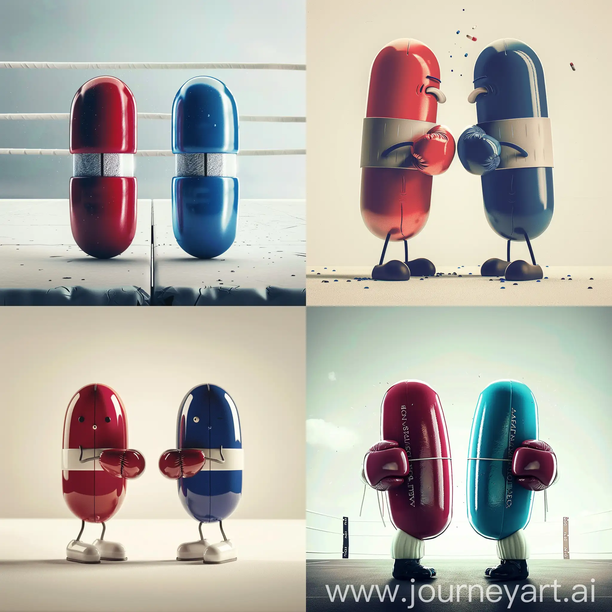 Crée une affiche avec deux pillule, une rouge, et une bleu, qui sont habillée en boxeur, et qui s'affrontent avec un fond blanc sans ring