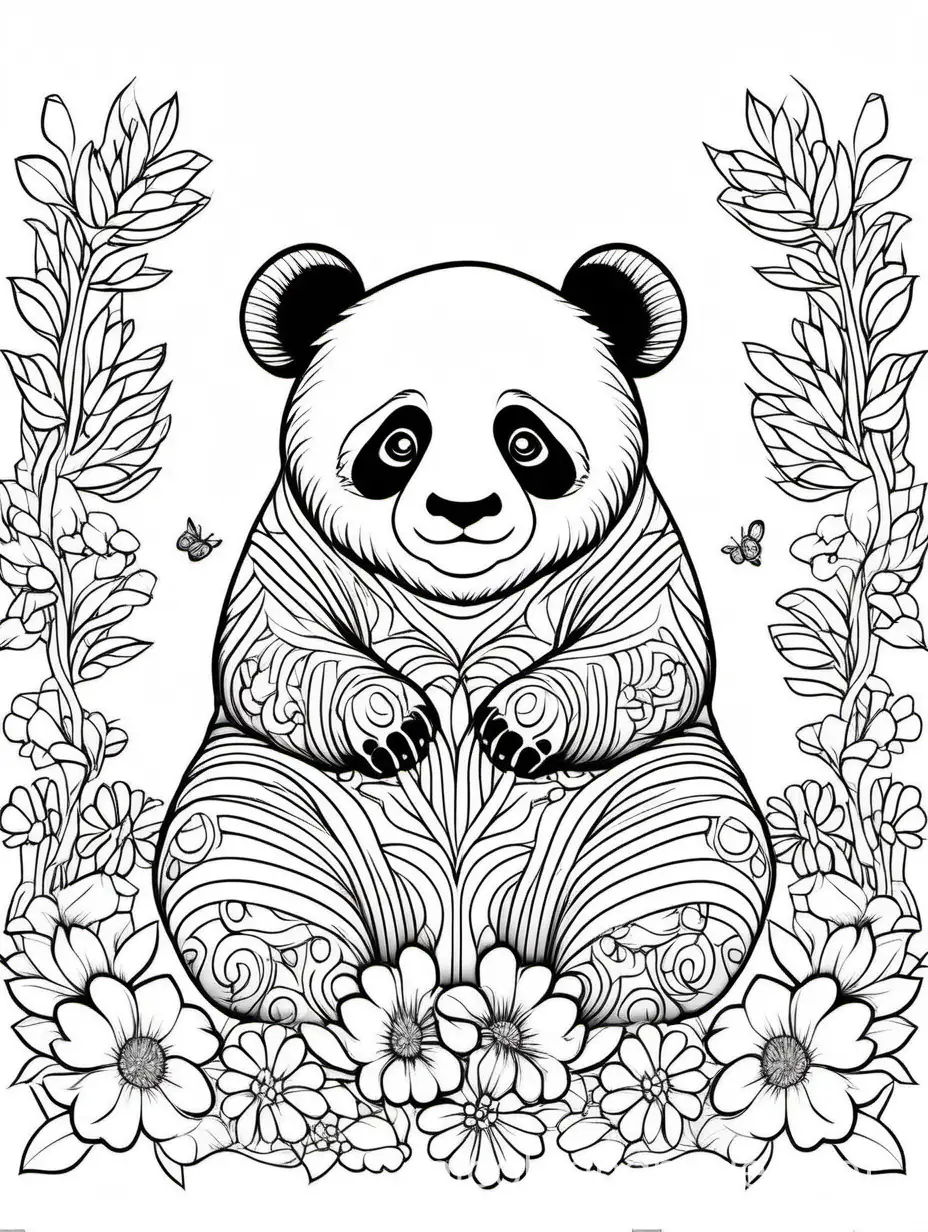 Relaxing-Panda-Coloring-Page-for-Women-Floral-Tranquility-in-Black-and-White