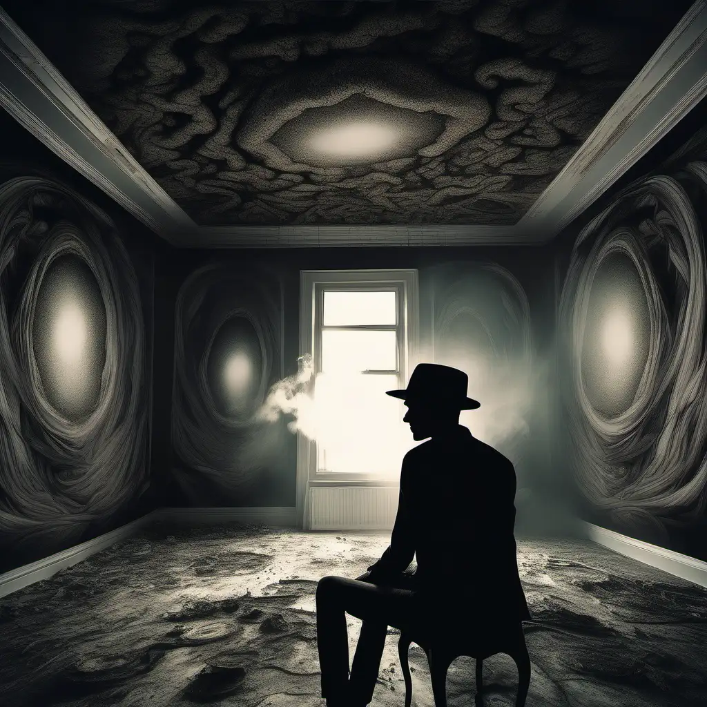 a skinny man with a black hat sitting in a living, smoked room, seeing from behind, hallucinogen, silhouette of the person, the walls are melting, hallucinogenic, trance, brain, chemical, highly detailed, stunning visuals, ultra-realistic, eyes are staring from the walls, surreal, hallucinations, trippy, super realistic, photo realistic