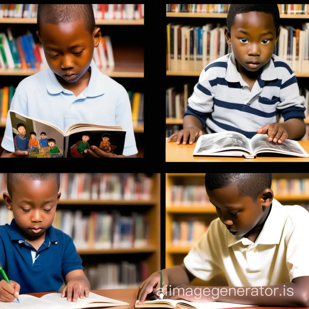 Let me make some pictures. In which there is a boy. He looks Chinese because his mother is Chinese and his father is black African. Make a family photo of the boy with his parents and In the second picture, draw a picture of a boy alone who is reading in the library. In the third picture, the same boy is sitting on his bike. Remember that the shape of the boy in all three pictures is the same