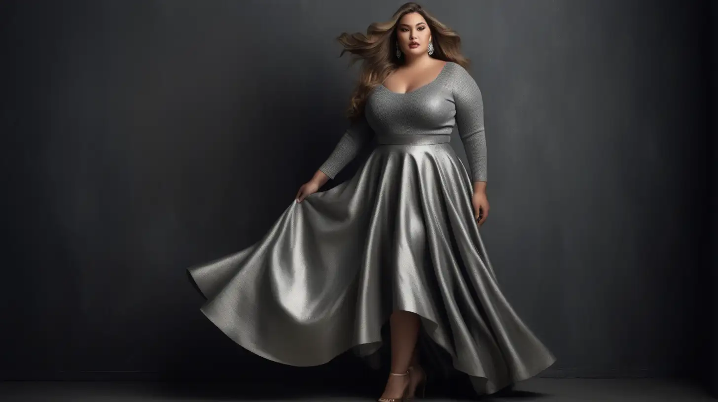 Stylish Vogue Photoshoot Sensual Latina PlusSize Model in Metallic Silver Evening Gown