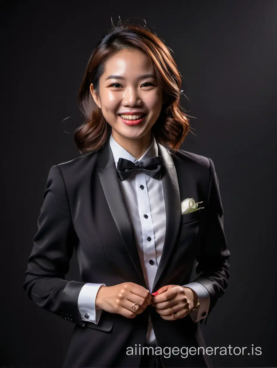 A portrait of a smiling and laughing Vietnamese woman with shoulder length hair, and lipstick.  She is wearing a tuxedo with a black jacket and black pants.  Her shirt is white with a wing collar.  Her shirt cuffs have cufflinks.  Her bowtie is black.  Her jacket has a corsage.  She is in a dark room.