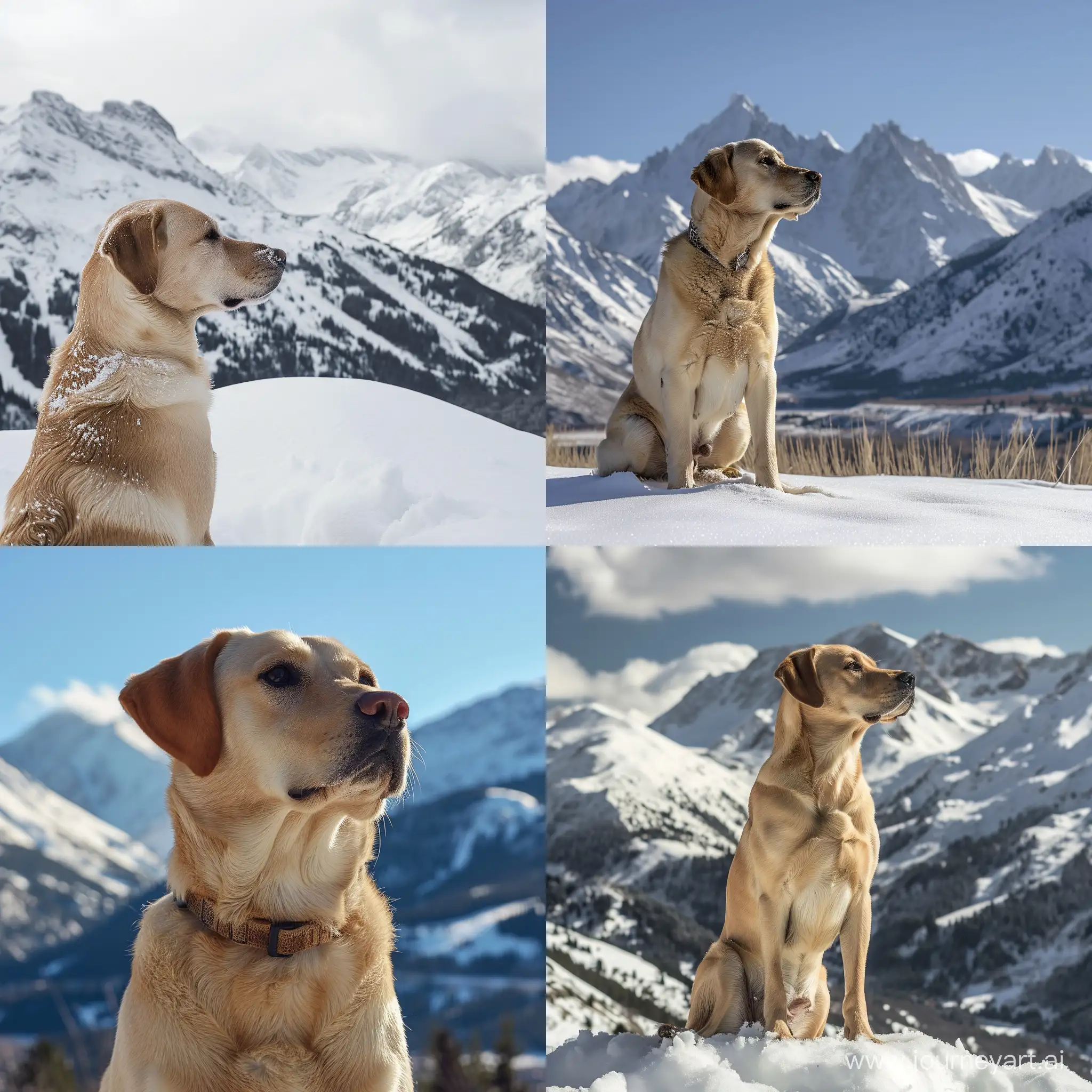 Majestic-SnowCovered-Mountains-with-a-Playful-Yellow-Lab