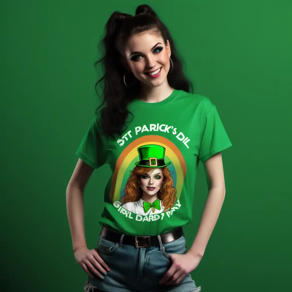 a mockup for a tee of a girl at an 80s st patricks day party
