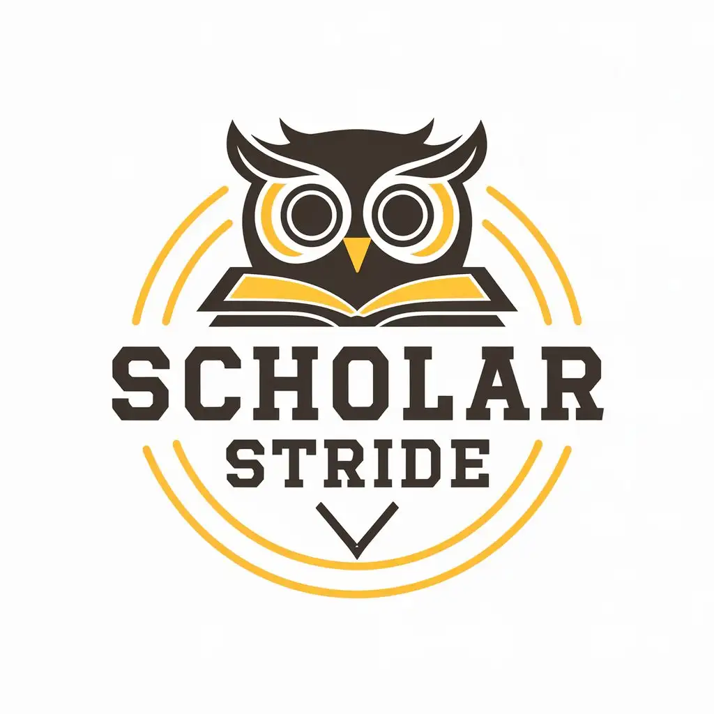 logo, owl book pencil, with the text "scholar stride", typography