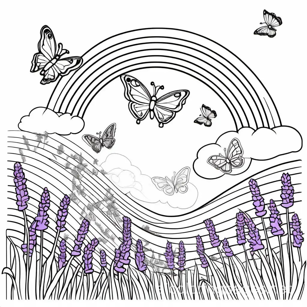 lavender fields with butterflies and rainbow in sky, coloring page in black an white only
, Coloring Page, black and white, line art, white background, Simplicity, Ample White Space. The background of the coloring page is plain white to make it easy for young children to color within the lines. The outlines of all the subjects are easy to distinguish, making it simple for kids to color without too much difficulty