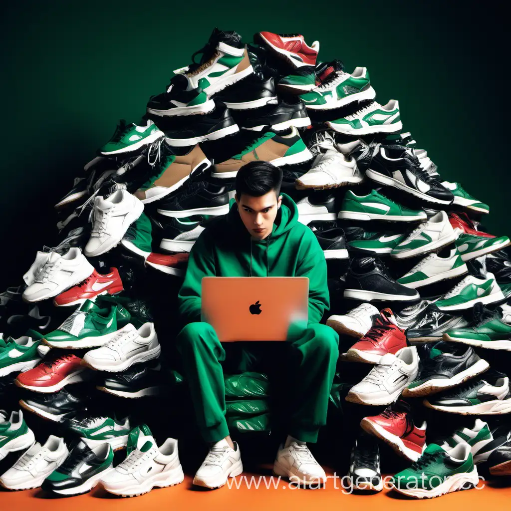 Мужчина, работающий за компьютером, одет в дорогую молодежную одежду, вокруг горы из кросовок, картинка должна выглядеть как обложка к журналу под название Only AFF. Журнал в темно зеленом стиле 