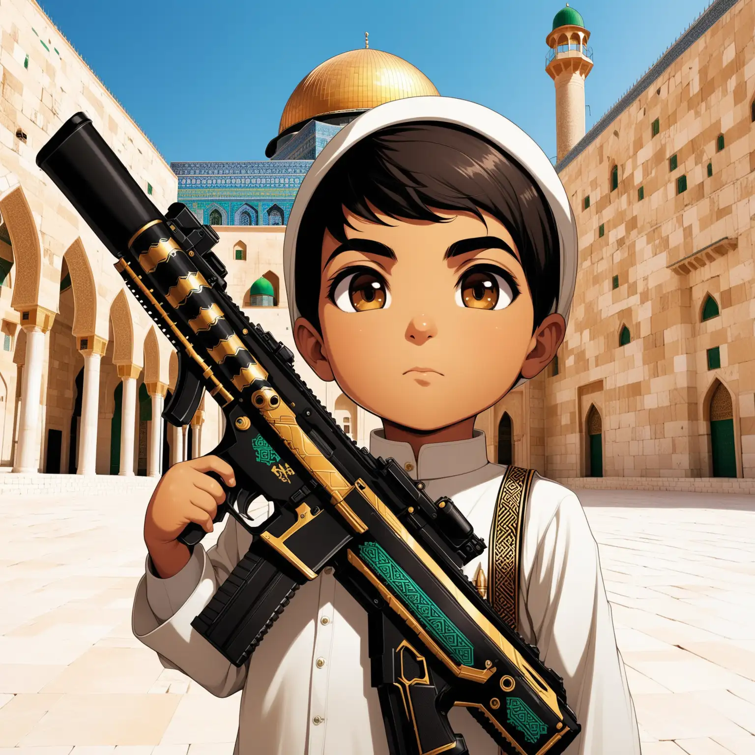 Persian Warrior with Modern HighTech Gun at AlAqsa Mosque