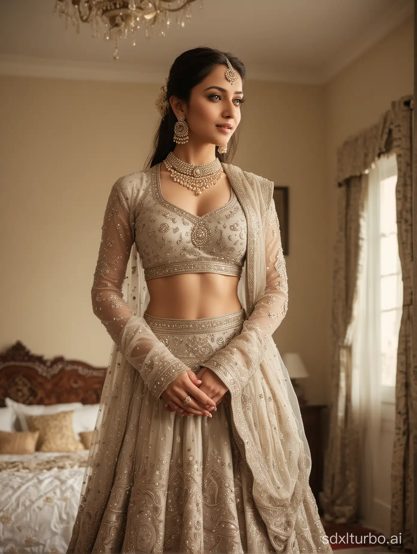 Indian-Lady-in-Silver-Jewelry-and-Pichwai-Motif-Lehenga-in-Traditional-Bedroom