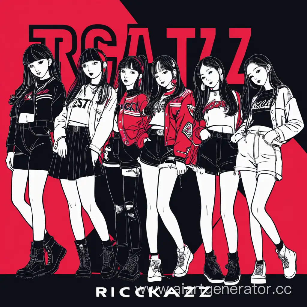 kpop обложка альбома, в черных, белых и красных тонах, на которой изображены 6 девушек, за ними надпись rockstarz 