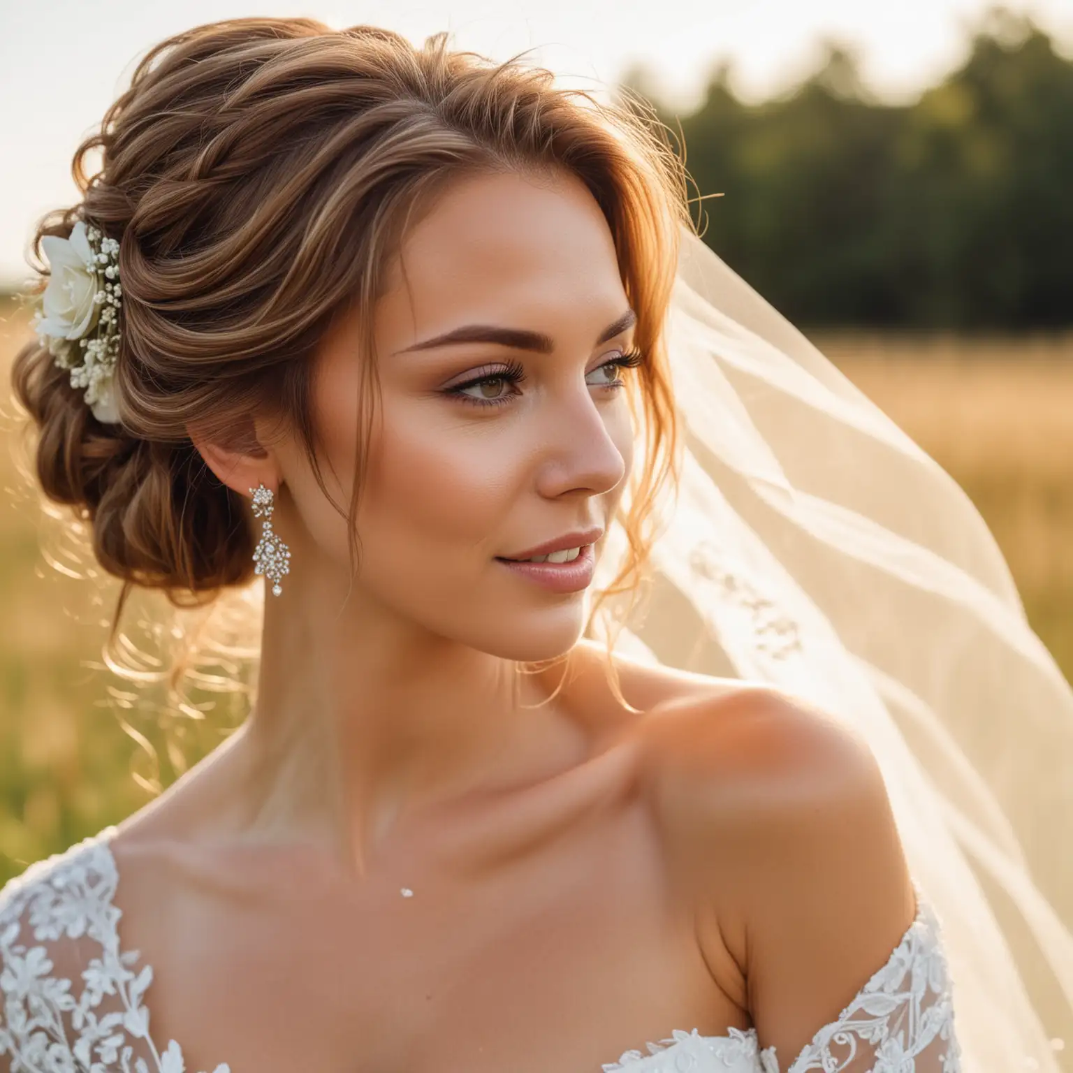 bride, light brown hair with highlights in a bridal hairstyle , white bride dress, summer , out in the field , up-close on the ear lobe, no jewelry, groom in the background blurred 