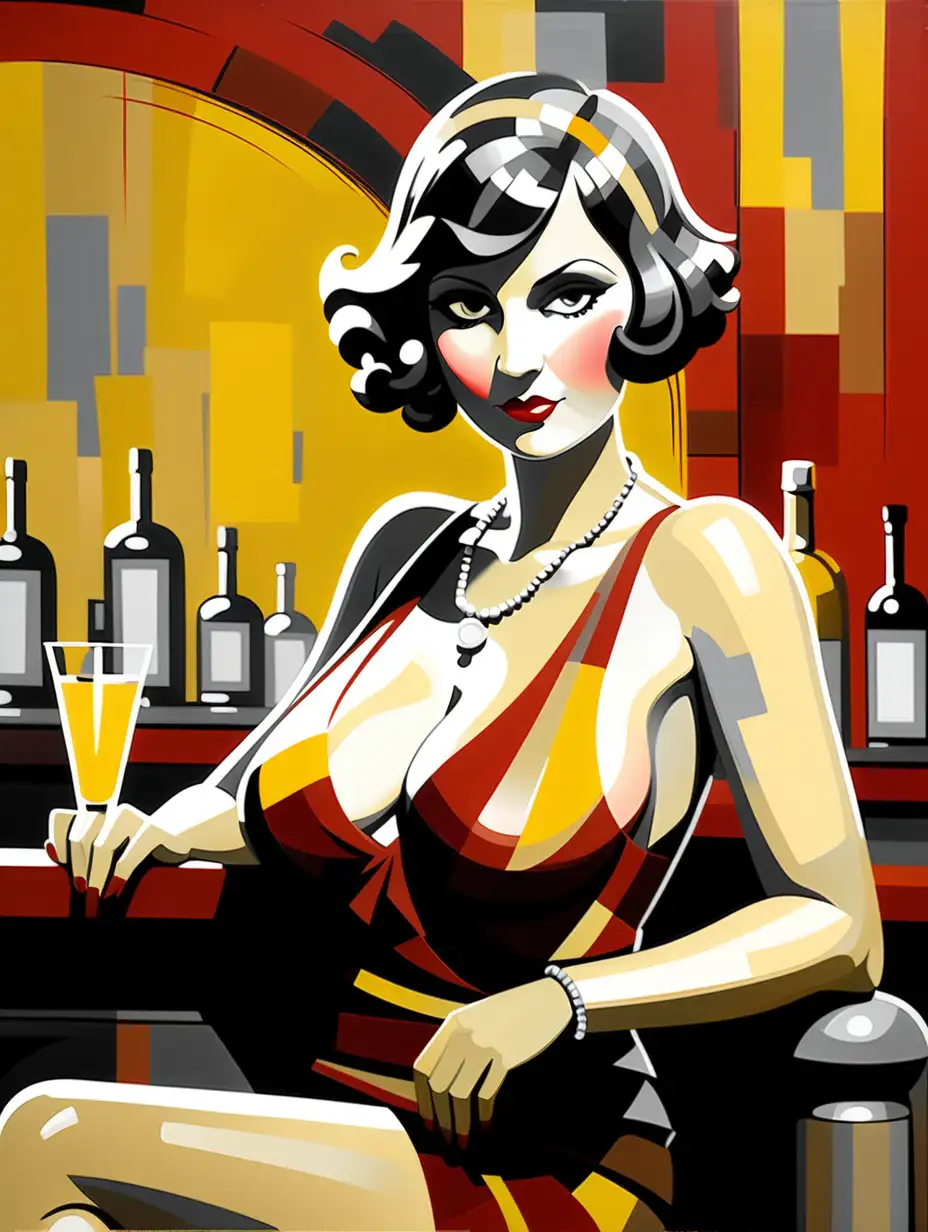abstract, artistic painting of a pationate busty Lady in a style of 1920's, sitting in a bar. Use broad strokes of oil paint. Make it in red, yellow , and grayscale colors.