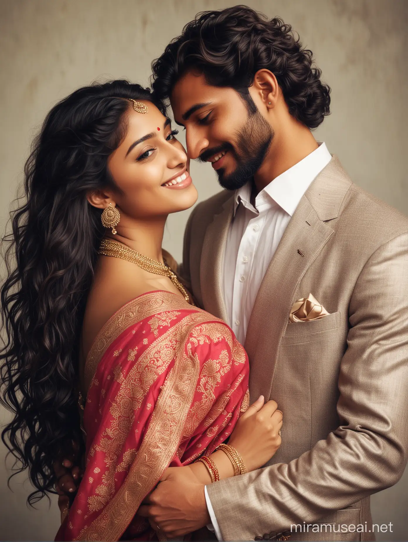 two intimate lovers, indian tall handsome boy, 22 years old, european features, formal suit, light trim beard, alfa male, girl, 18 years old, most beautiful indian girl, full body jewelry, elegant saree look, low cut back, long curly hair, touching head to boy shoulder, shy and modest addictive smile, boy comforting girl with one hand on back of girl, photo realistic, 4k.