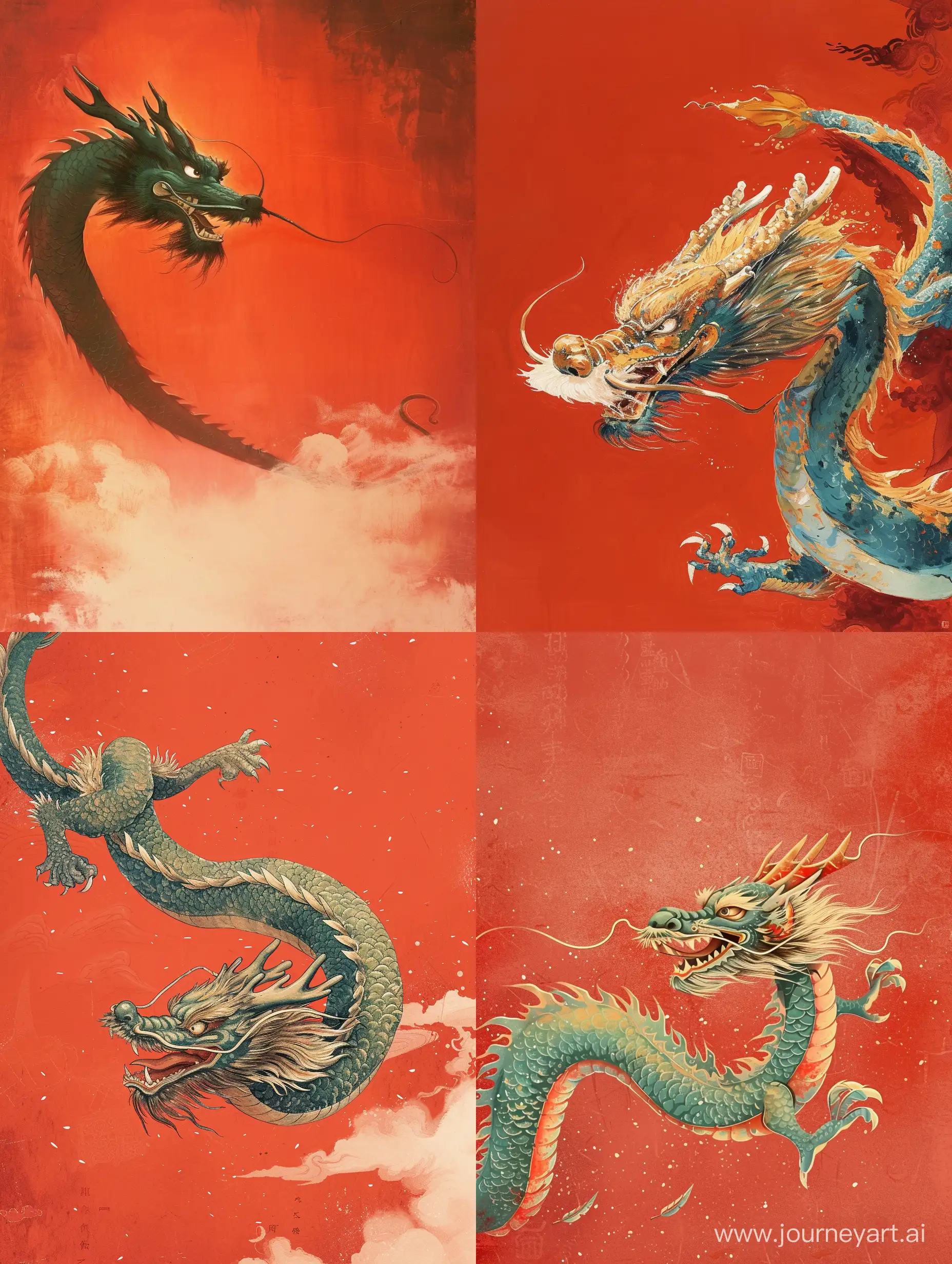 一条在天空中飞翔的中国传统龙，低头看着正前方，是新年的喜庆色调，中国传统年画风格，背景是红色