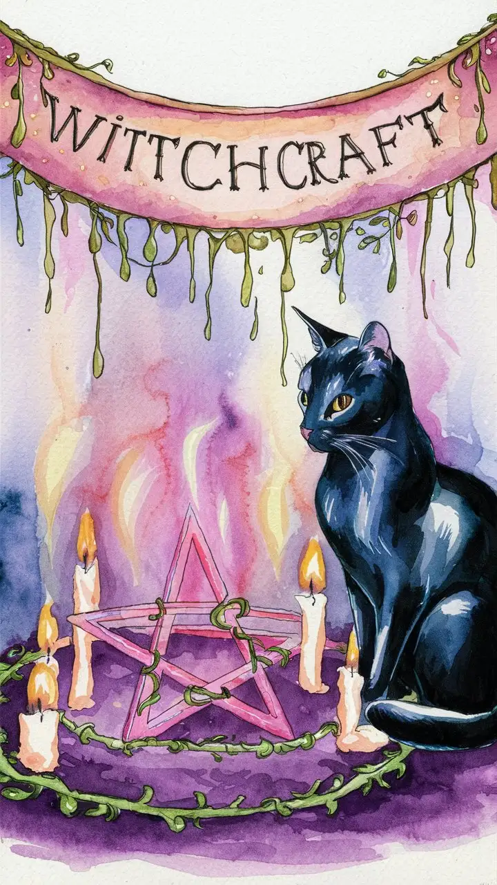 a pastel coloured water colour painting of a pentagram in a circle with a vine entwined within it., candles are  alight around the circle, thee is a beautiful shiny black cat  sitting beside the circle, a banner with the letters- Witchcraft  dripping with incense 
