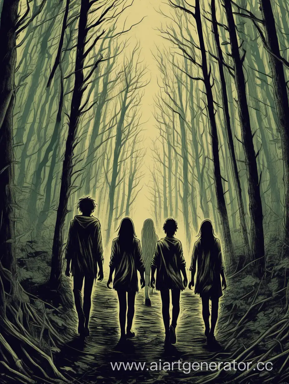 Three friends walk through the forest horror around