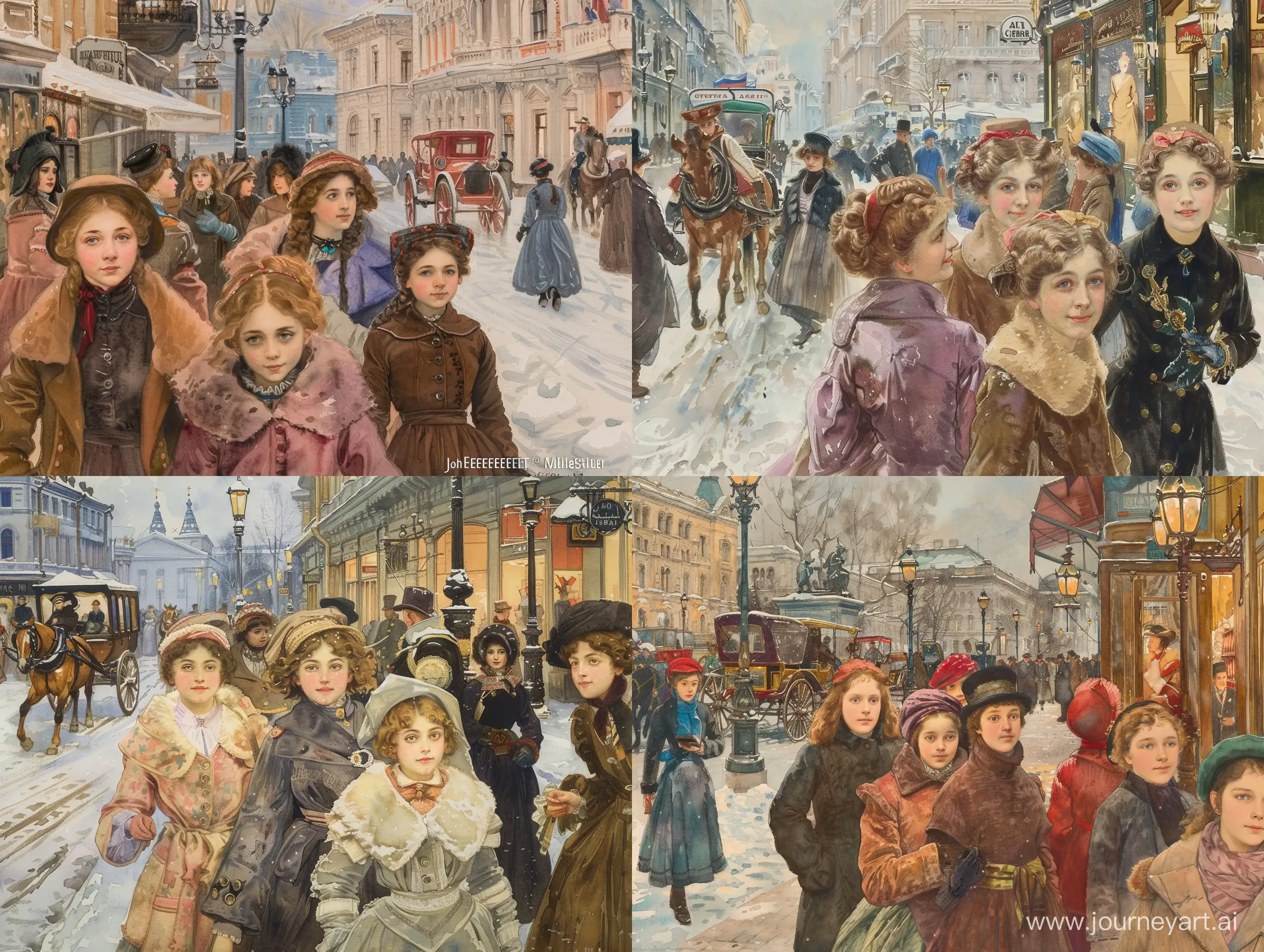 Subject: The central theme of the image is a winter scene in Moskau in 1910, capturing the essence of a busy street Arbat. The focus is on a group of elegant girls, highlighting the fashion and lifestyle of the time. The artist, John Everett Millais, skillfully brings the historic setting to life through his Wathercolor painting. Setting: The background features a bustling street in Moskau during winter, creating a lively atmosphere with people engaging in various activities. The winter setting adds a charming touch, with perhaps snow-covered streets and vintage architecture Arbat. Style/Coloring: Millais employs the classic style of oil painting, using rich and warm colors to evoke the ambiance of the early 20th century. The winter palette may include cool tones like blues and grays, contrasting with the vibrant colors of the girls' clothing. Action: The girls are depicted engaging in daily life activities, suggesting movement and vivacity. Millais captures the dynamic energy of the busy street, enhancing the narrative of the era. Items/Costume: The girls are likely adorned in fashionable clothing of the time, showcasing the trends and styles prevalent in 1910 Moskau. The painting may feature accessories such as hats, gloves, and other period-specific items. Appearance: The characters' appearances are refined and sophisticated, reflecting the societal norms and fashion of the early 20th century. Millais pays attention to detail, emphasizing the unique facial expressions and features of each individual. Accessories: The accessories in the painting, such as street lamps, horse-drawn carriages, and storefronts, contribute to the historical context. These details add depth and authenticity to the overall composition.