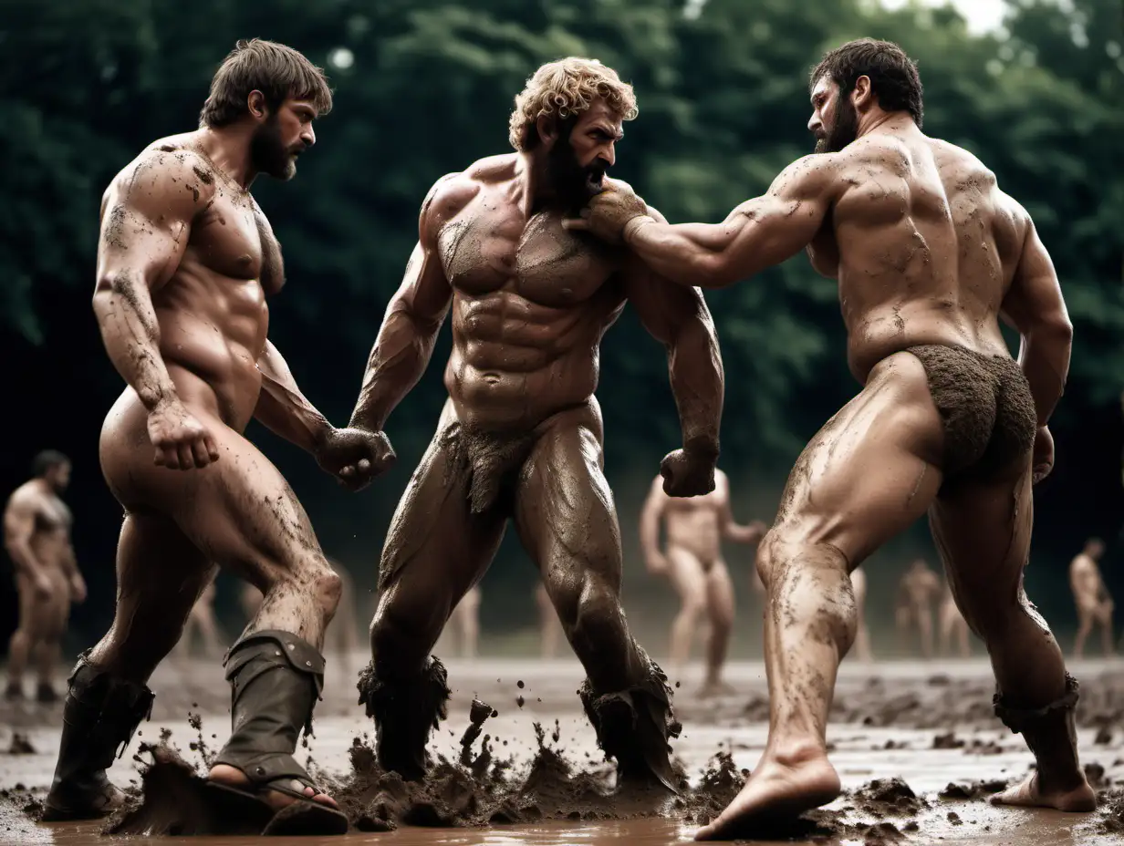 low camera angle. full body. realistic photography. epic. highly detail. 2 sexy nude stocky hairy wrestlers who looks like farnese hercules. short hair. body hair. wearing sandals. fighting in mud. outdoor. neutral lighting.