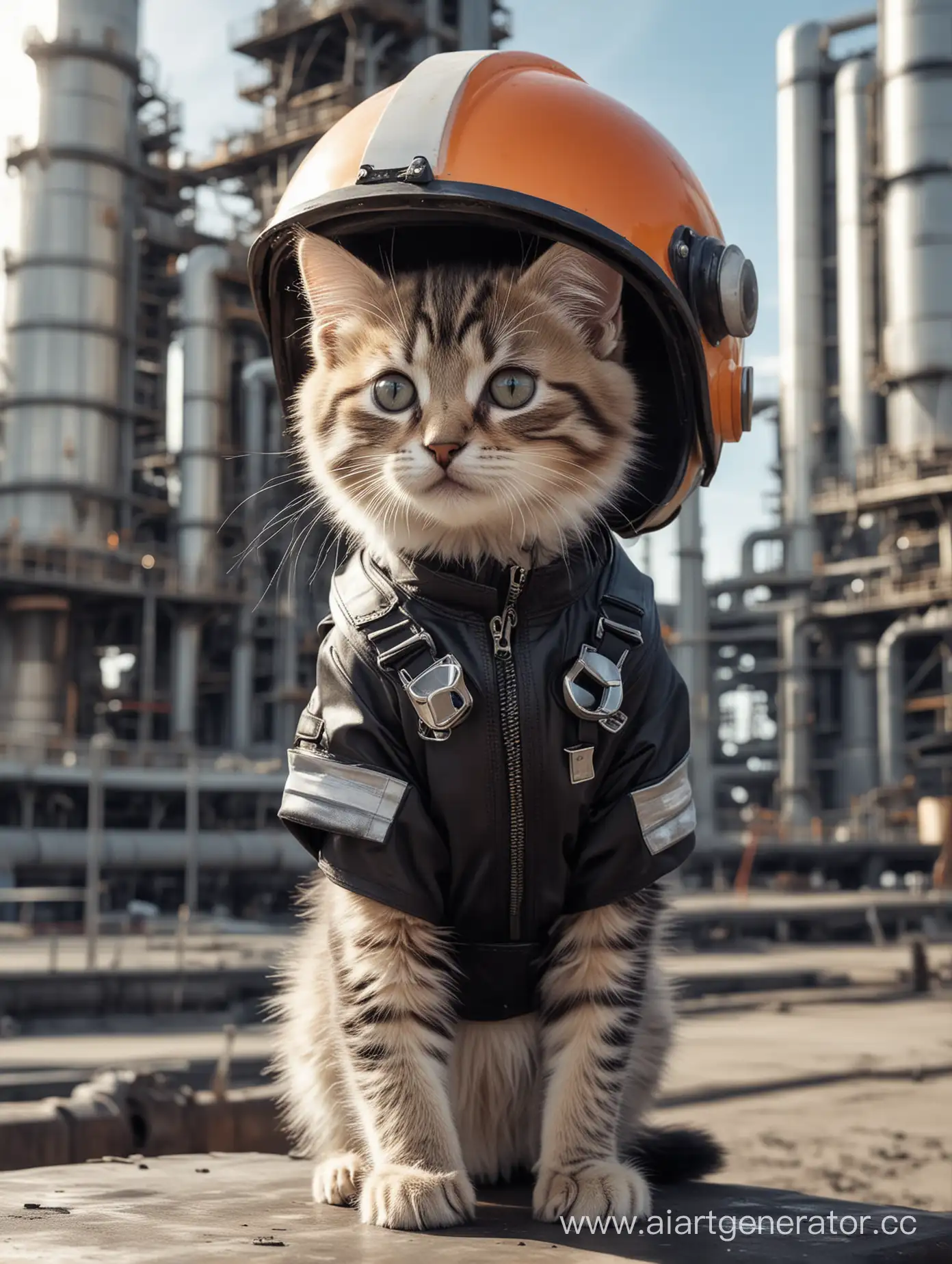 Котик работает на современном футуристичном нефтеперерабатывающем заводе в каске и униформе 