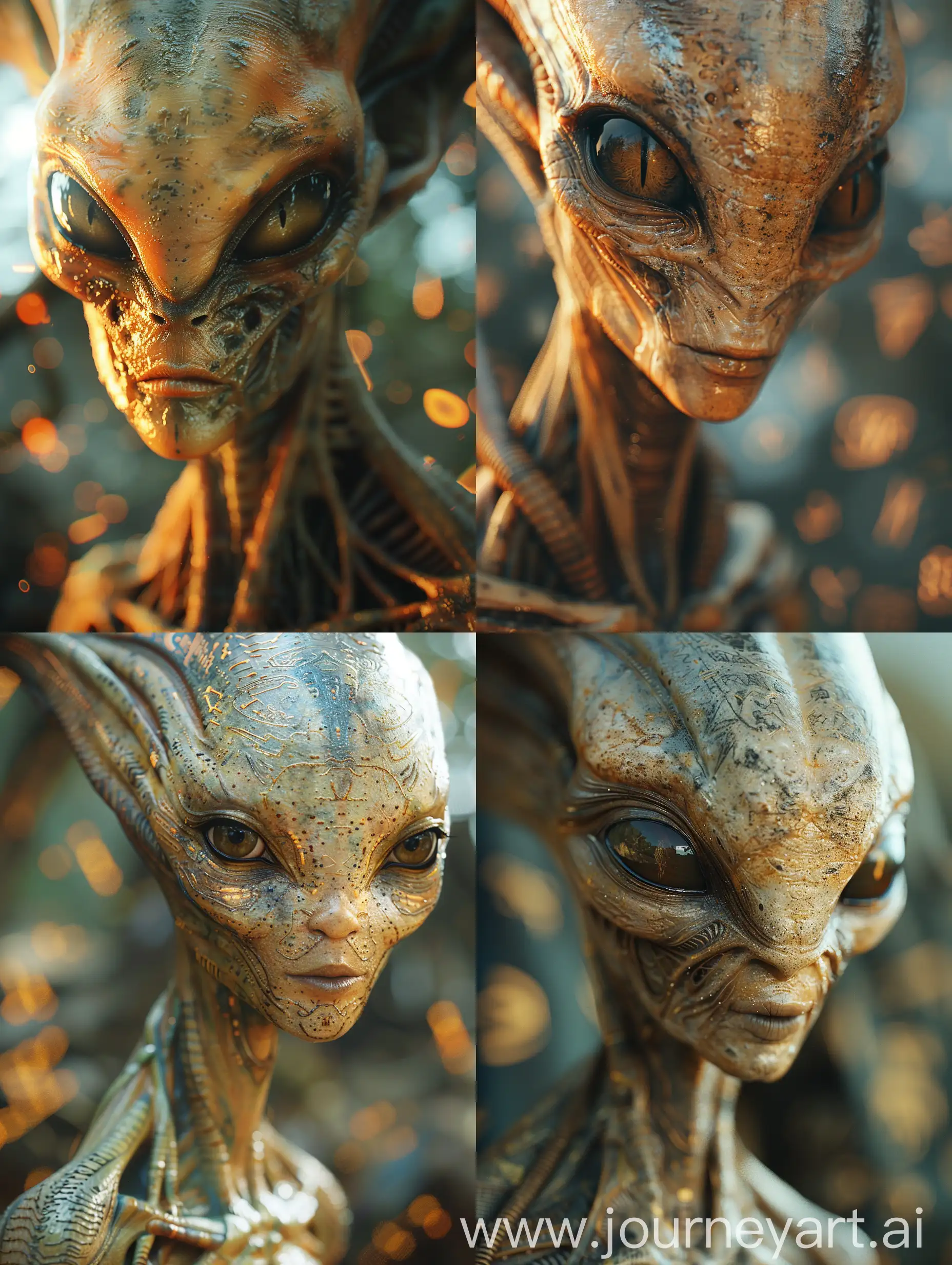 close-up of an alien being with intricate facial features. Set against a blurred background filled with mysterious symbols, intense and captivating, Photographic style using a Macro lens, emphasizing the detail in the alien's face and the interplay of light on its skin  --stylise 750