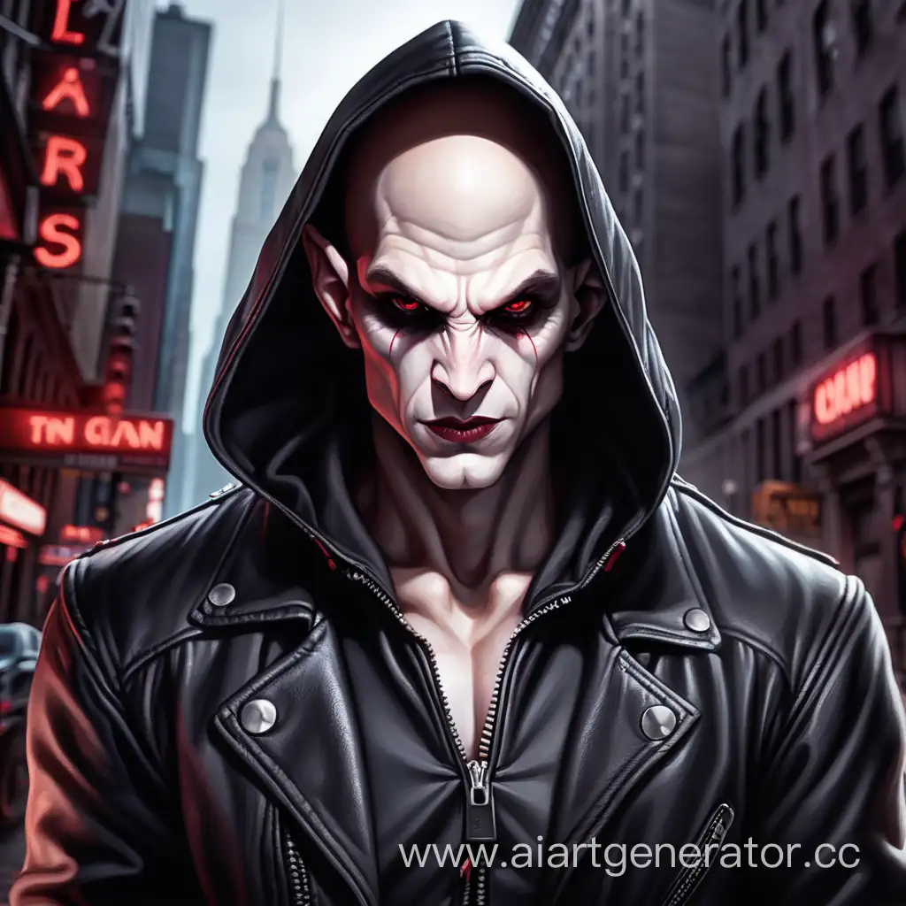 vampire, nosferatu clan, bald,  red eyes, Jared Nomak, veins are strongly visible, white skin, leather jacket, hood, New York, young