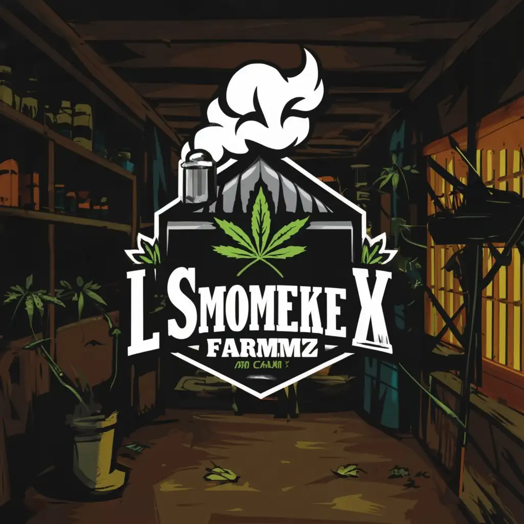 a logo design,with the text "L4SmokeyFarmz", main symbol:weed plant, basement, tent, smoke,Minimalistic,clear background