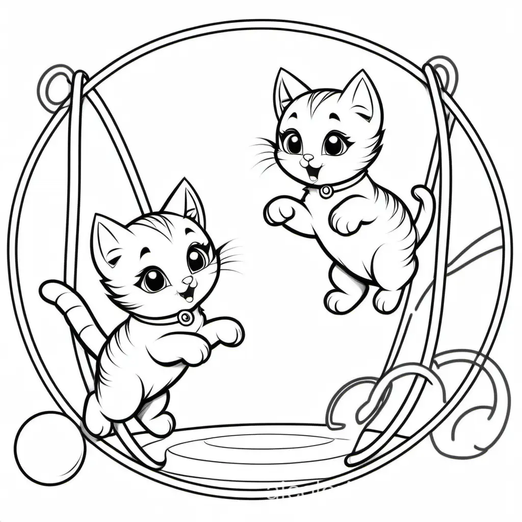  Kittens jumping through hoops, Coloring Page, black and white, line art, white background, Simplicity, Ample White Space. The background of the coloring page is plain white to make it easy for young children to color within the lines. The outlines of all the subjects are easy to distinguish, making it simple for kids to color without too much difficulty