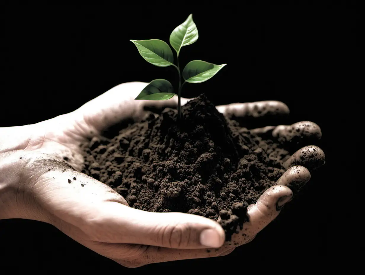 Green Growth Hand Cultivating a Thriving Plant from a Pile of Earth