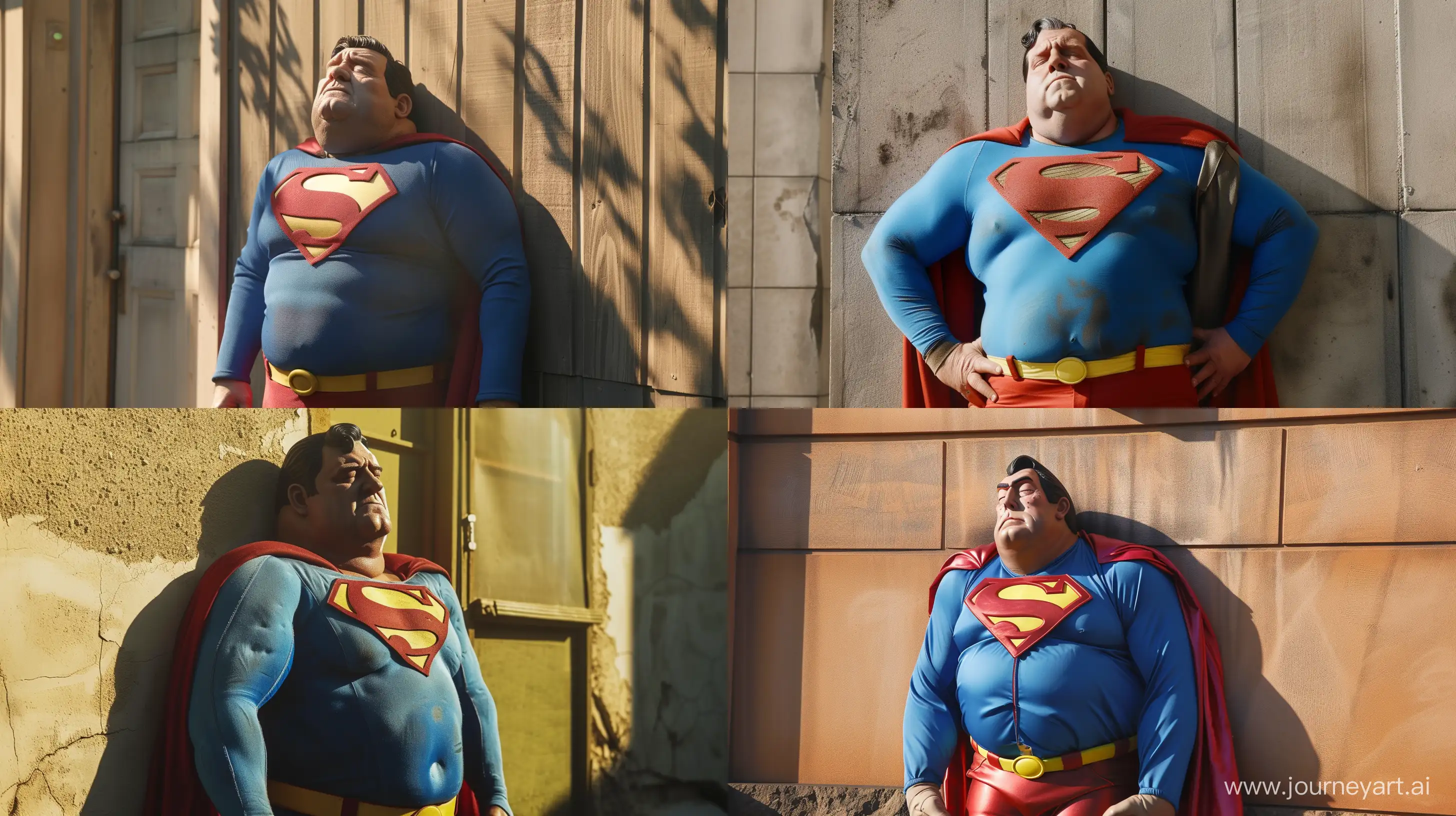 Front view photo of a obese superman aged 60. Sleeping standing up against a wall. Outside. --style raw --ar 16:9